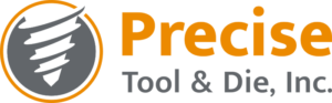 Precise Tool And Die Logo - Orange And Dark Gray Sans-serif Type With Drill Bit Icon To Left